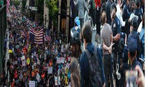 हजारों न्यूयॉर्कवासी ट्रम्प प्रशासन के खिलाफ़ राष्ट्रीय विरोध प्रदर्शन में हुए शामिल